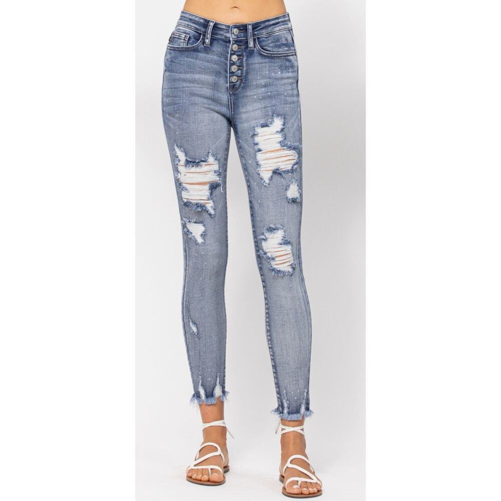 Judy Blue Skinny Fit Distressed Jeans Beach Splash Button Fly Womens 15/32
